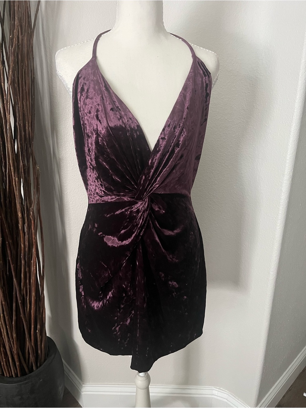 Zara Purple Velvet Twist Halter Mini Dress